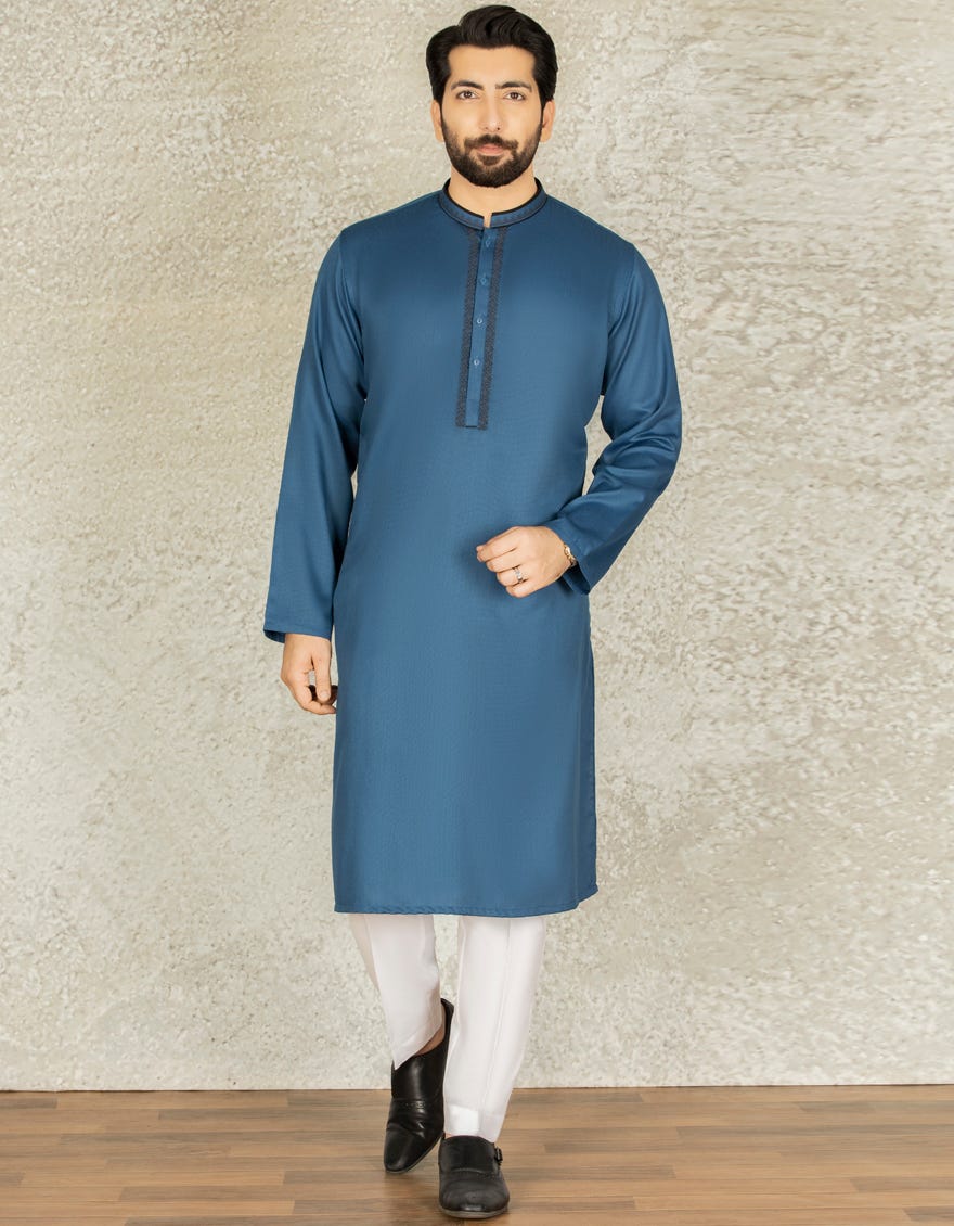 PRUSSIAN BLUE BLENDED KURTA | JJK-S-34154