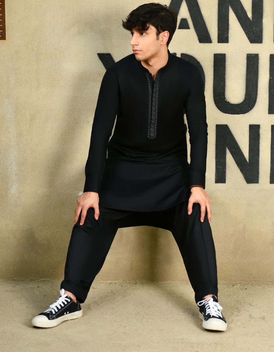 Black Cotton Teen Boy's Kameez Shalwar | Jtks-S-34462