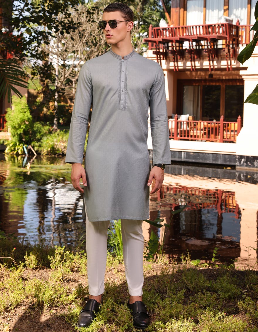 Greyish Green Cotton Men's Kurta | Jjk-S-34516