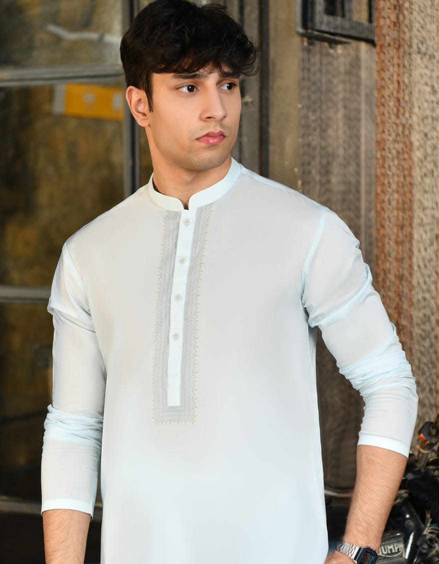 Ice Blue Cotton Teen Boy's Kurta | Jtk-S-34596