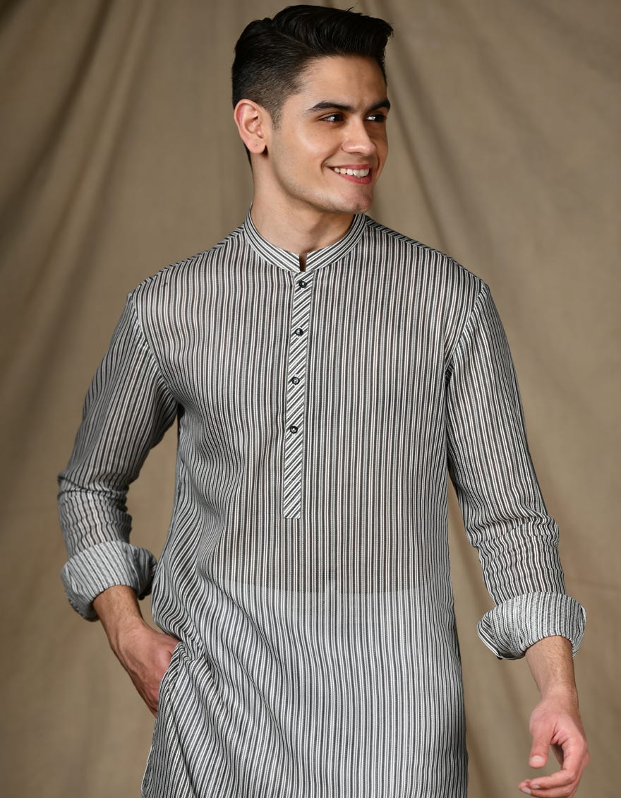 Grey Stripe Cvc Teen Boy's Kurta | Jtk-S-34657