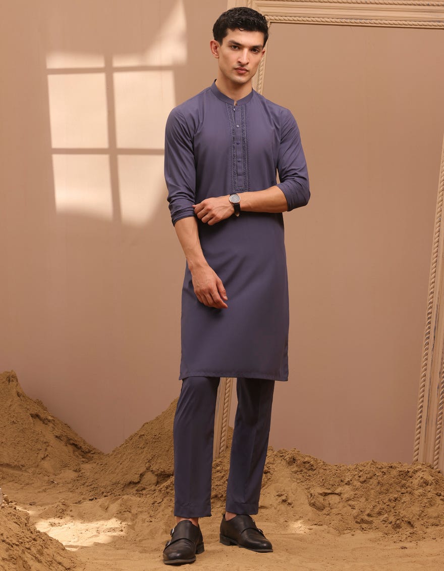 Pigeon Blue Blended Men's Kurta Pajama | Jjkp-A-34778