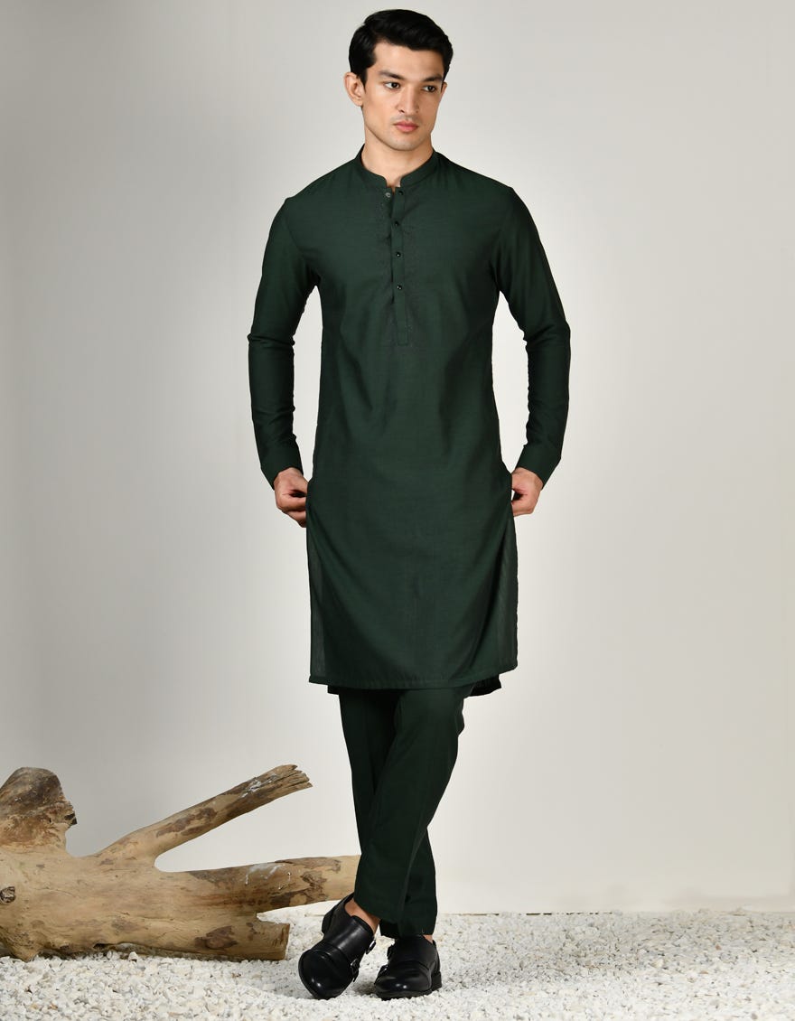 Bottle Green Blended Men's Kurta Pajama | Jjkp-A-34782
