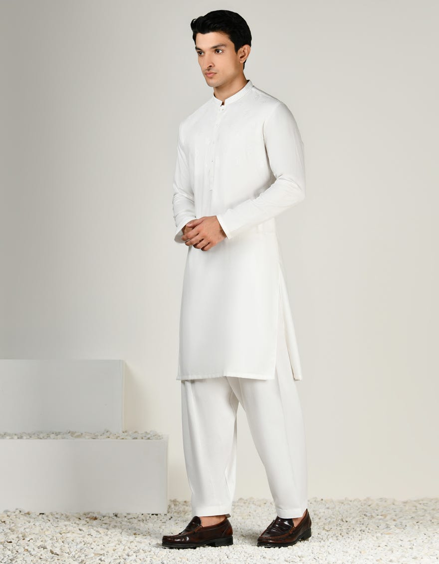 White Blended Men's Kameez Shalwar | Jjks-A-34786