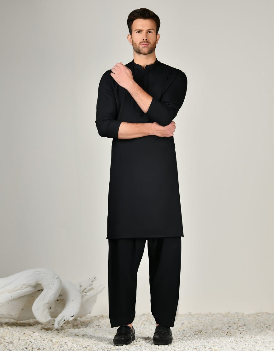 Black Blended Men's Kameez Shalwar | Jjks-A-34795