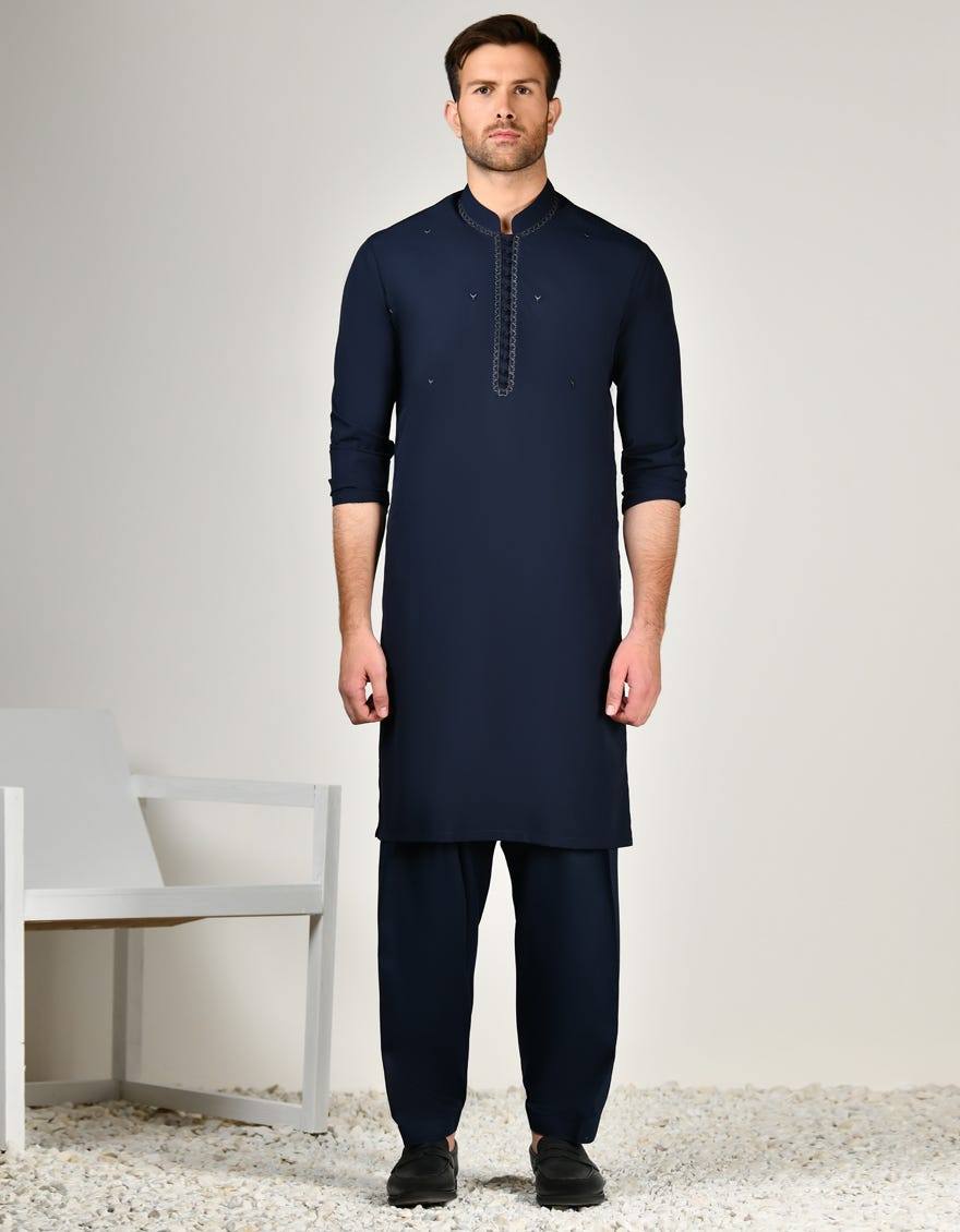 Navy Blue Blended Men's Kameez Shalwar | Jjks-A-34801