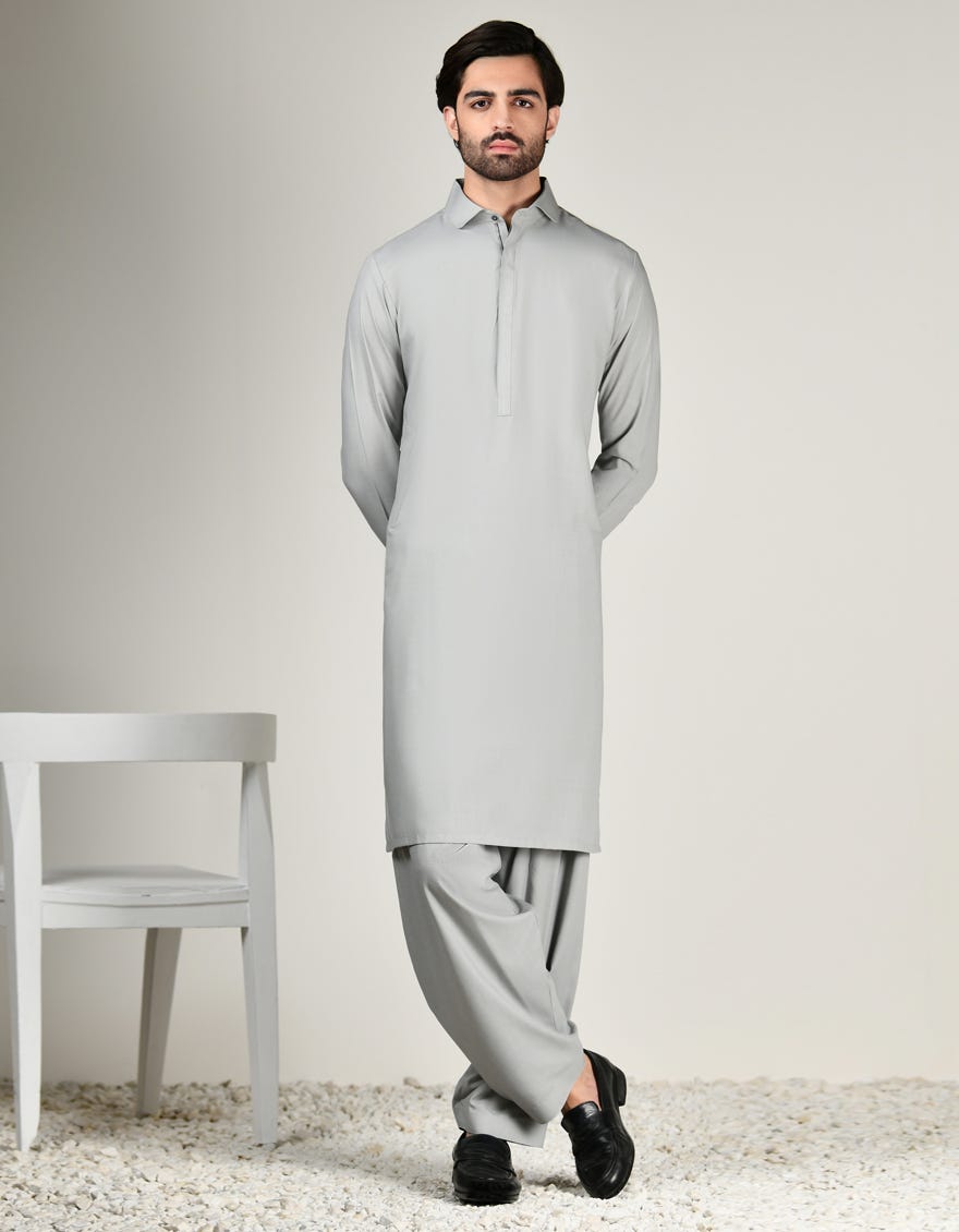 Smoke Grey Blended Men's Kameez Shalwar | Jjks-A-34804
