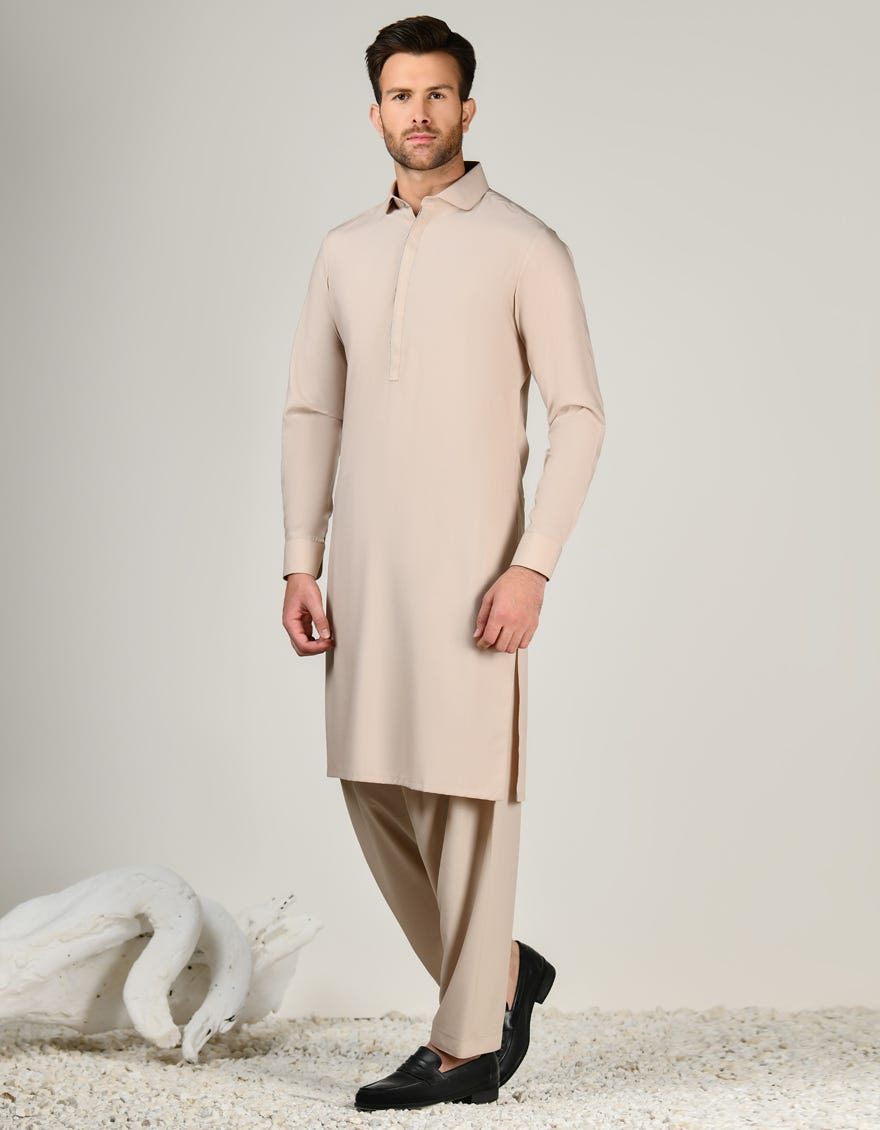 Fawn Blended Men's Kameez Shalwar | Jjks-A-34805