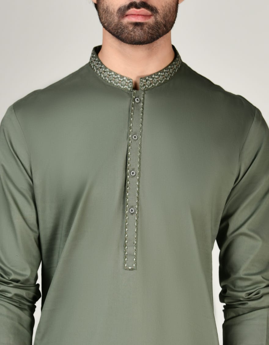 ARMY GREEN COTTON KAMEEZ SHALWAR | JJKS-A-34905