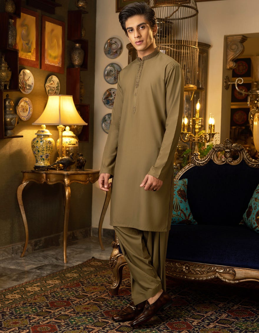 OLIVE GREEN BLENDED KAMEEZ SHALWAR | JTKS-S-35858