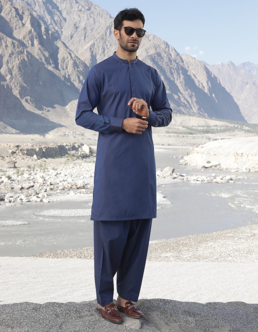 TWO TONE BLUE BLENDED KURTA PAJAMA | JJKP-A-36832