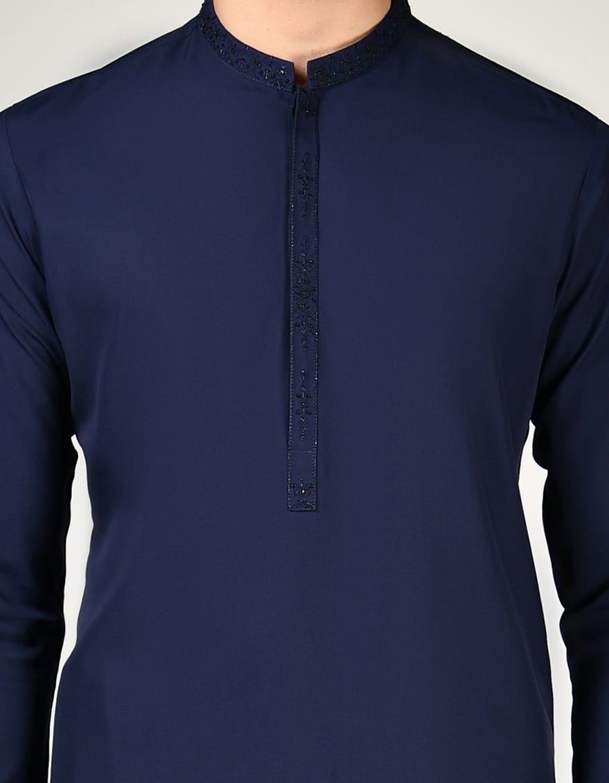 NAVY BLUE BLENDED KURTA PAJAMA | JJKP-A-37898