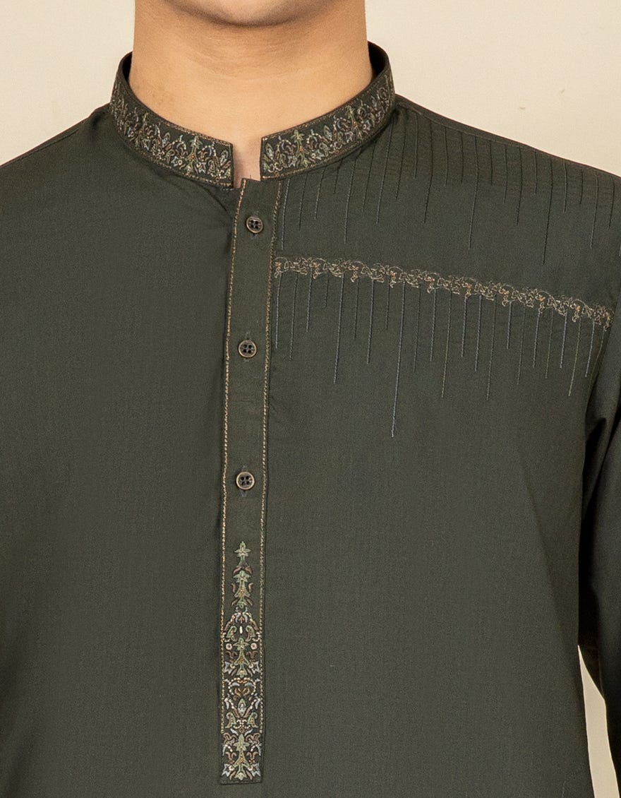 OLIVE BLENDED KAMEEZ SHALWAR | JTKS-S-38465