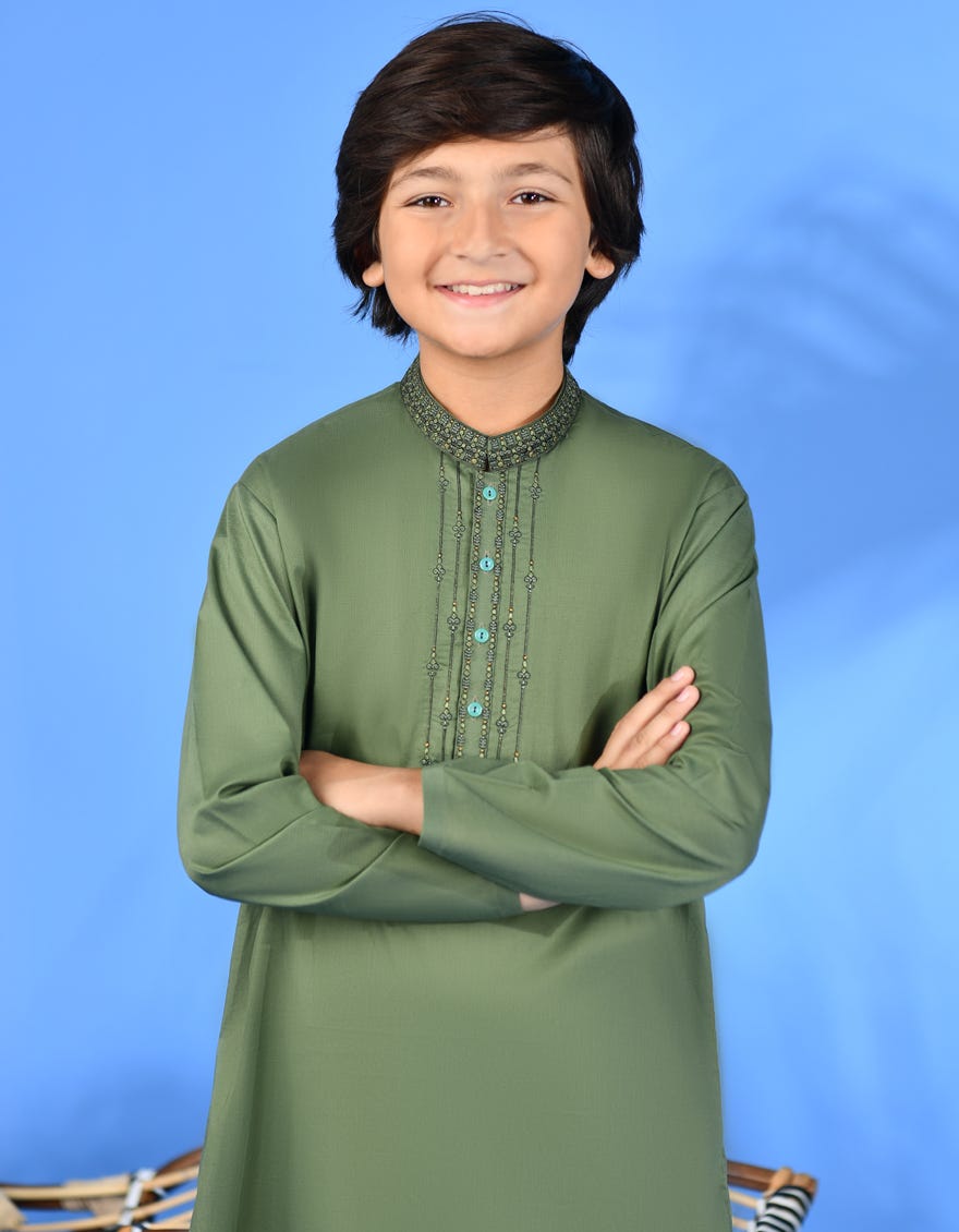 Green Cotton Kid's Kameez Shalwar | Jcks-S-38968