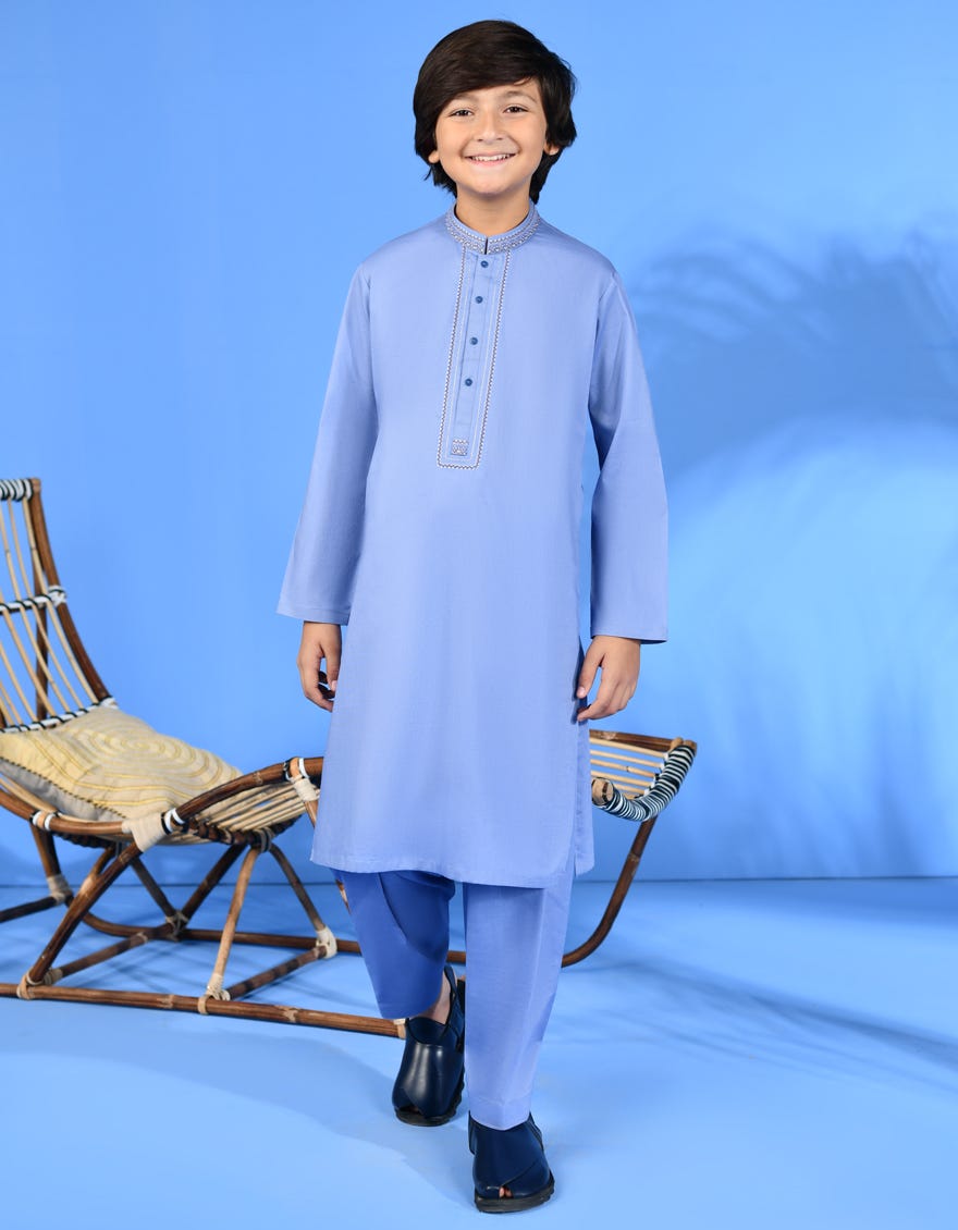 Sky Blue Cotton Kid's Kameez Shalwar | Jcks-A-38986