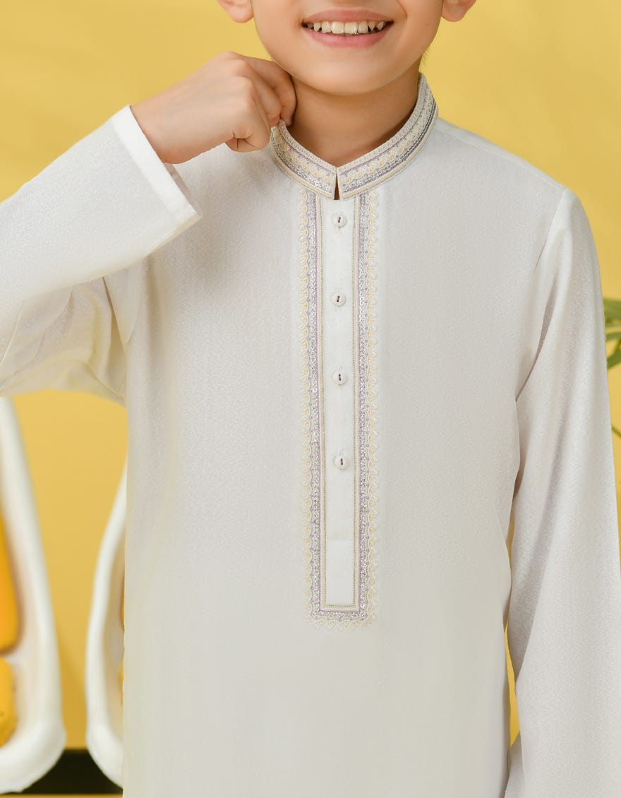 White Blended Kid's Kameez Shalwar | Jcks-A-38991