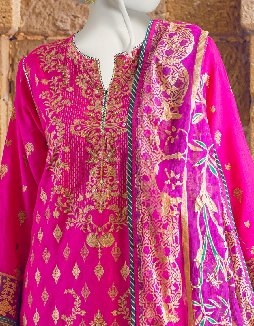 HOT PINK RAW SILK 3PC STITCHED | JJPW-S-JPS-22-3918 FB