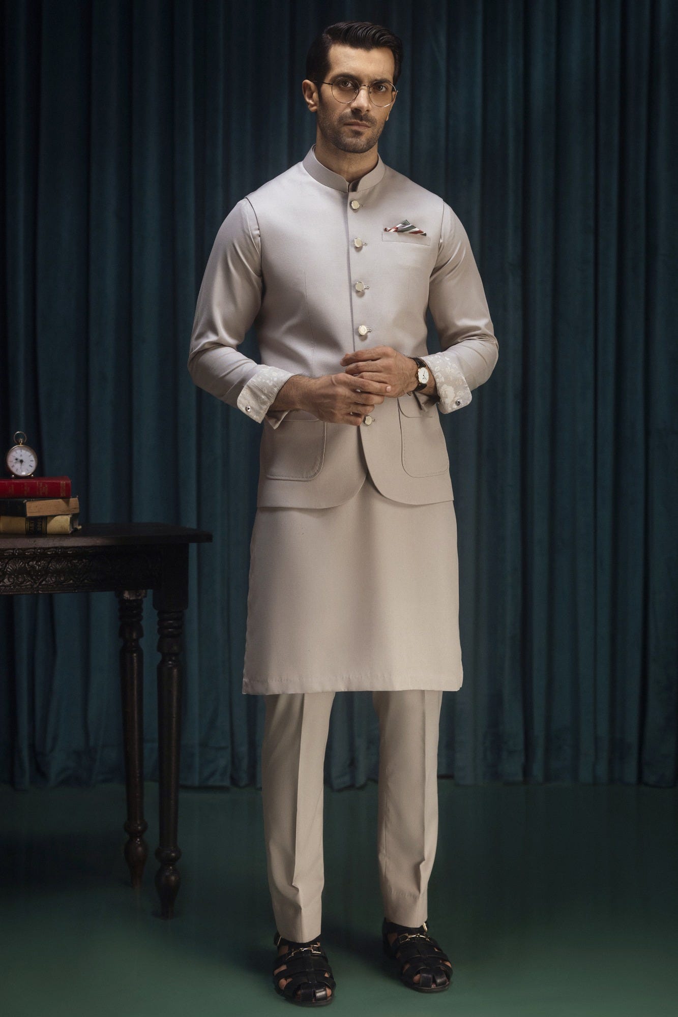 SAINT PAUL - LIME STONE BLENDED KAMEEZ SHALWAR & WAISTCOAT