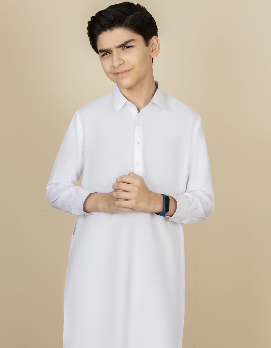 White Blended Kid's Kameez Shalwar | Jcks-A-40222-R8-Ap