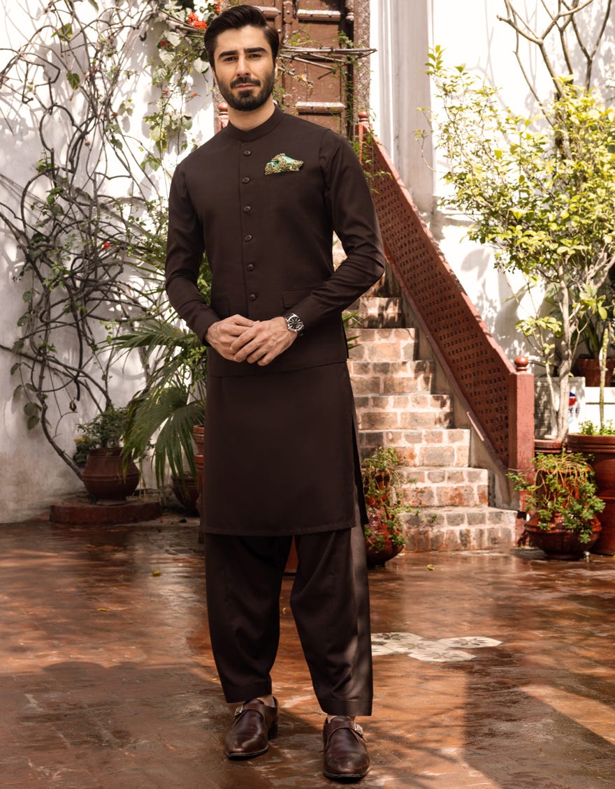 BLACK COFFEE BLENDED KAMEEZ SHALWAR & WAISTCOAT | JJKSVC-40260