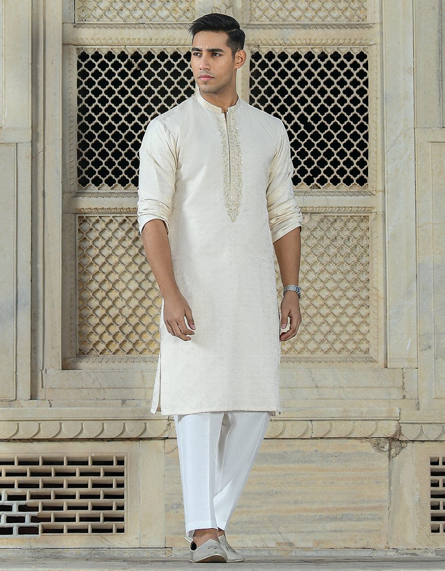 OFF WHITE POLYESTER SPECIAL KURTA | JJK-SP-42314