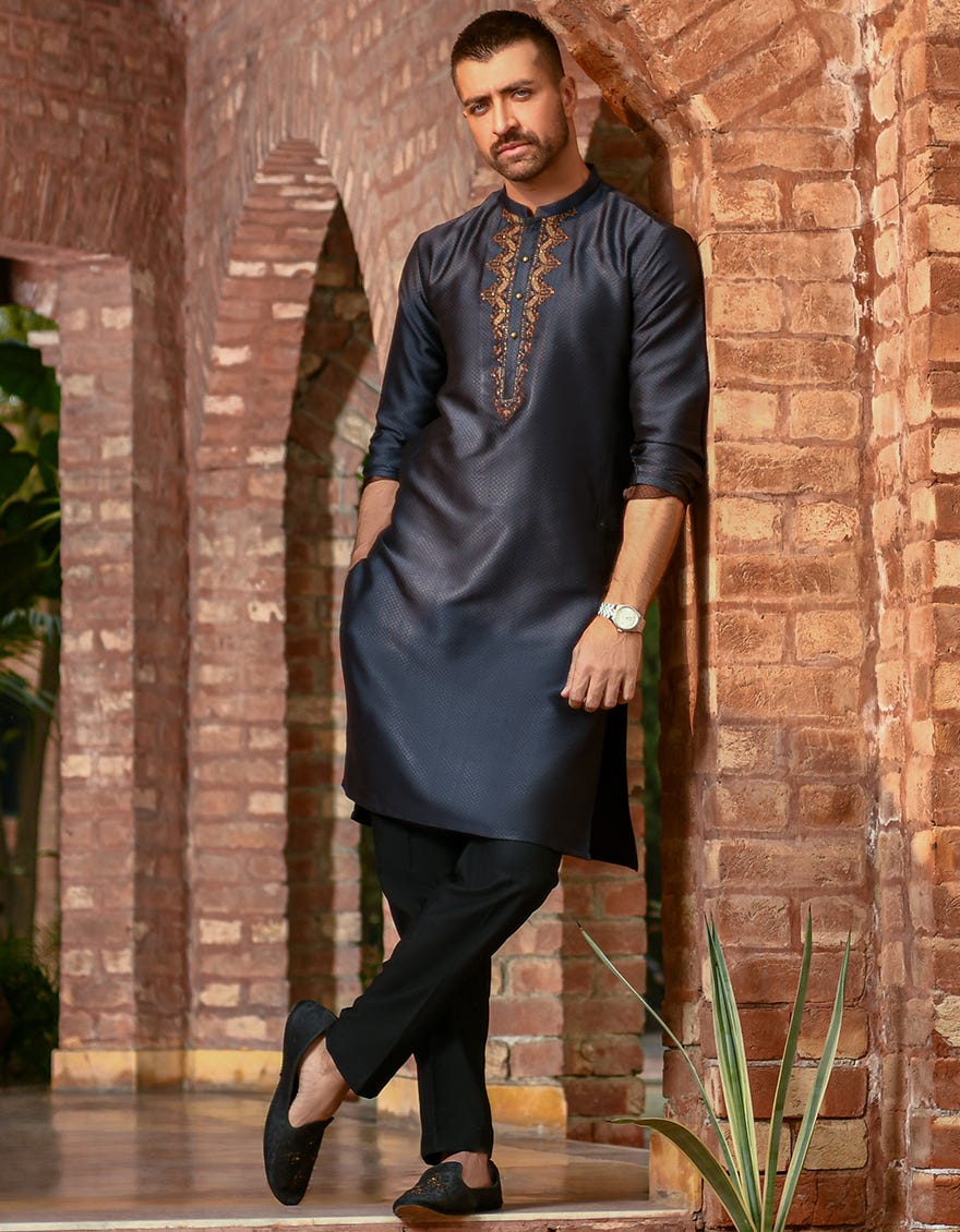 DARK NAVY POLYESTER SPECIAL KURTA | JJK-SP-42329