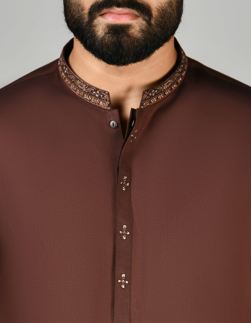 Chocolate Brown Cotton Men's Kameez Shalwar | Jjks-S-45372