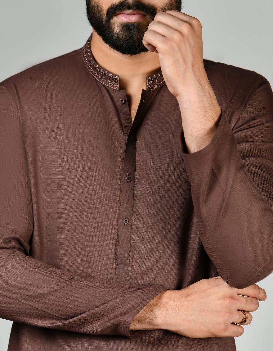 Brown Blended Men's Kameez Shalwar | Jjks-S-45376