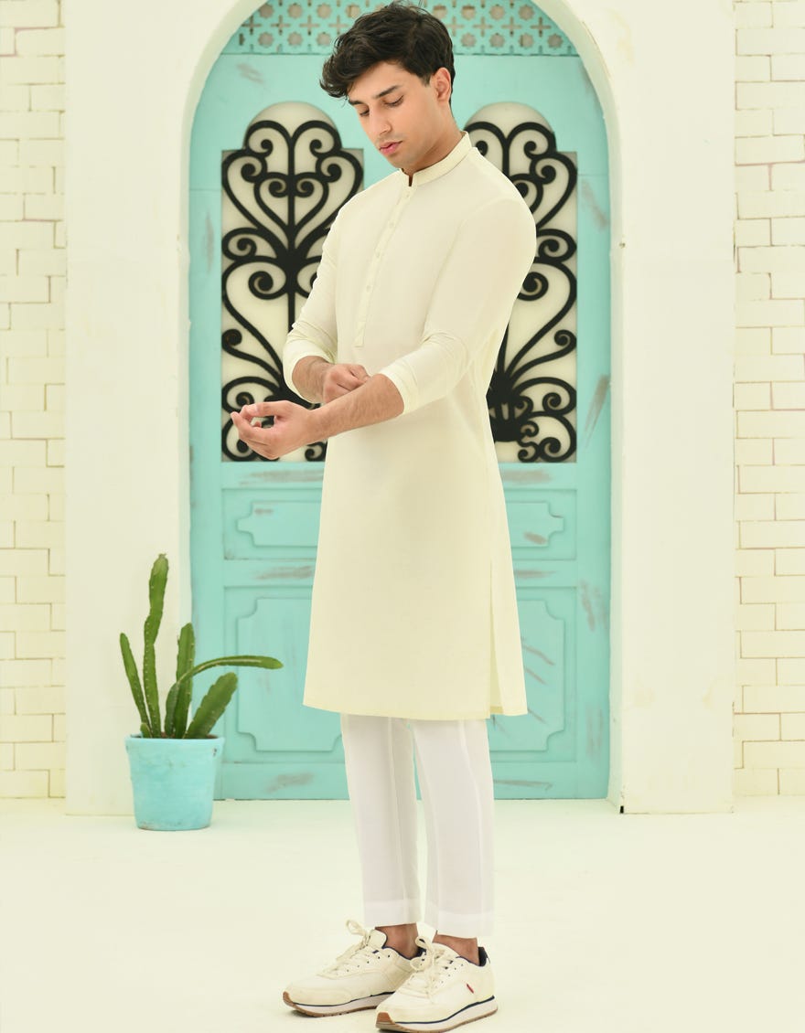 Cream Blended Teen Boy's Kurta | Jtk-S-46337