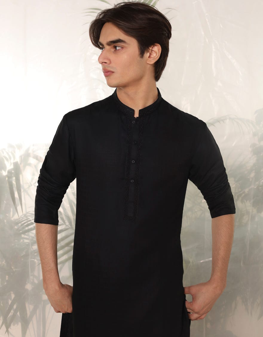 Black Blended Teen Boy's Kurta | Jtk-A-46381