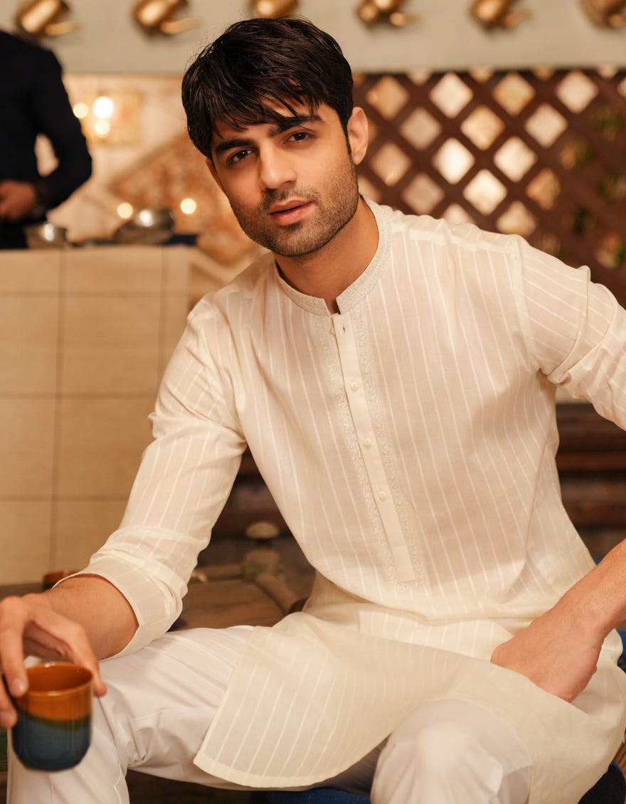 OFF WHITE COTTON SEMI-FORMAL KURTA