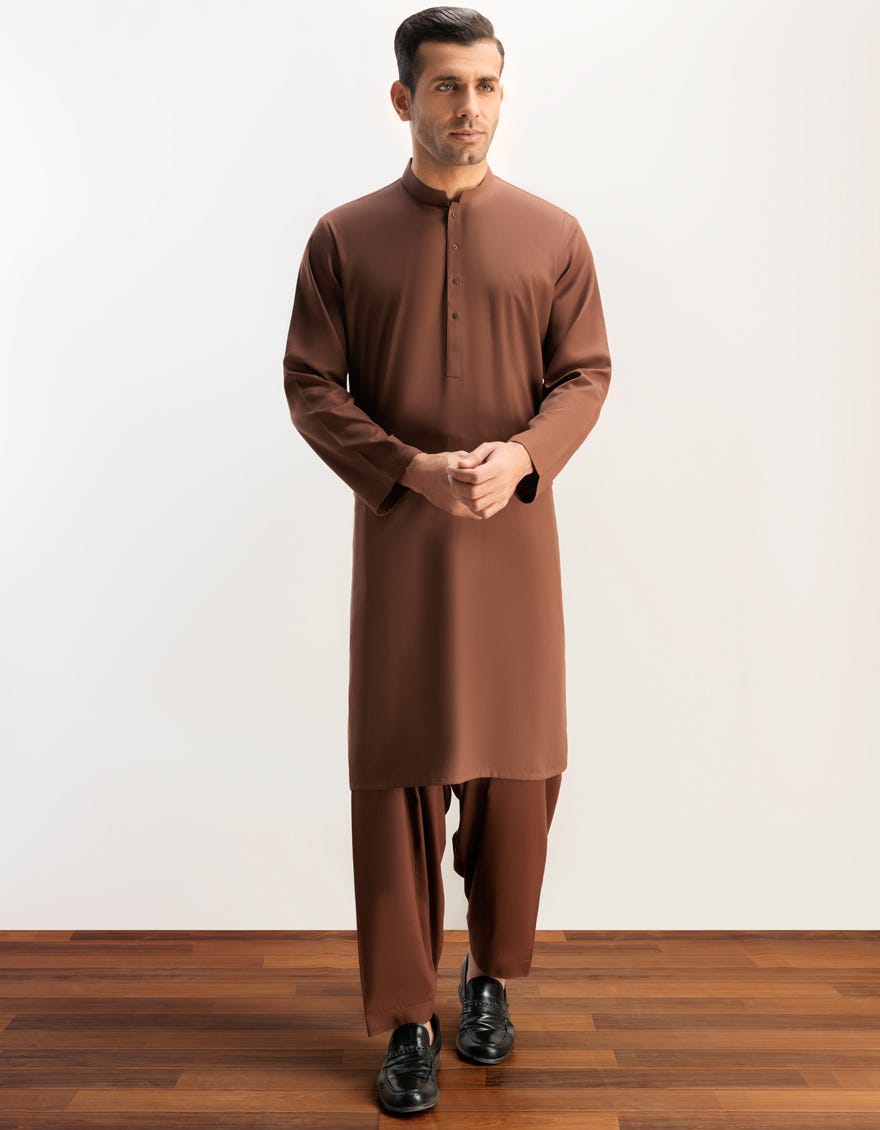 Brown Blended Men's Kameez Shalwar | Jjks-S-47006-R5-Ap