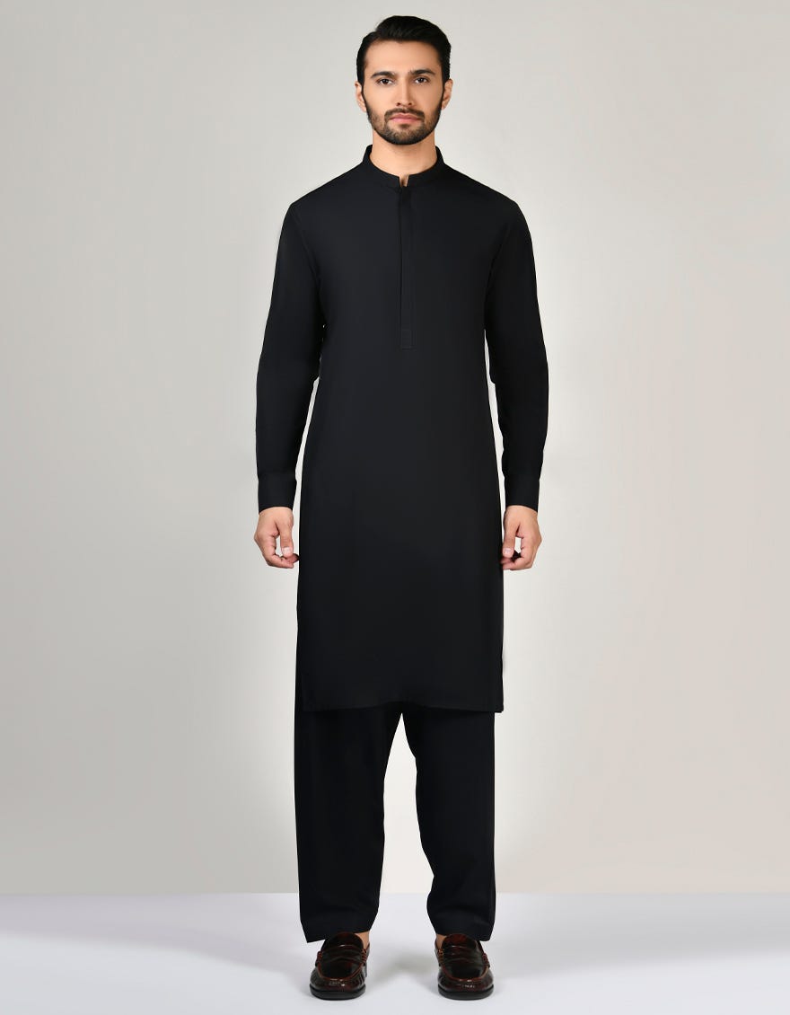 Black Blended Men's Kameez Shalwar | Jjks-A-47147
