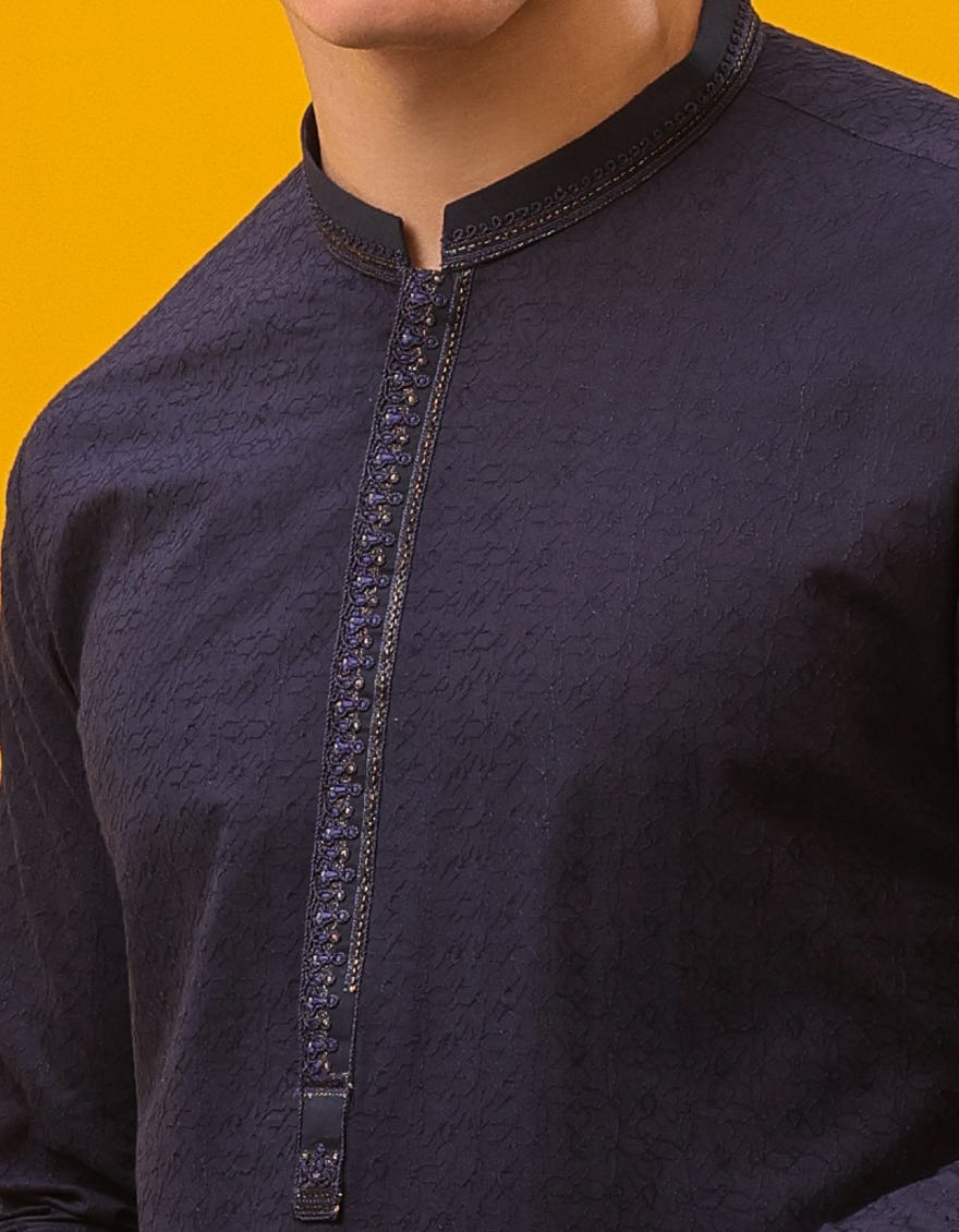 Navy Blue Cotton Men's Kurta | Jjk-S-47155