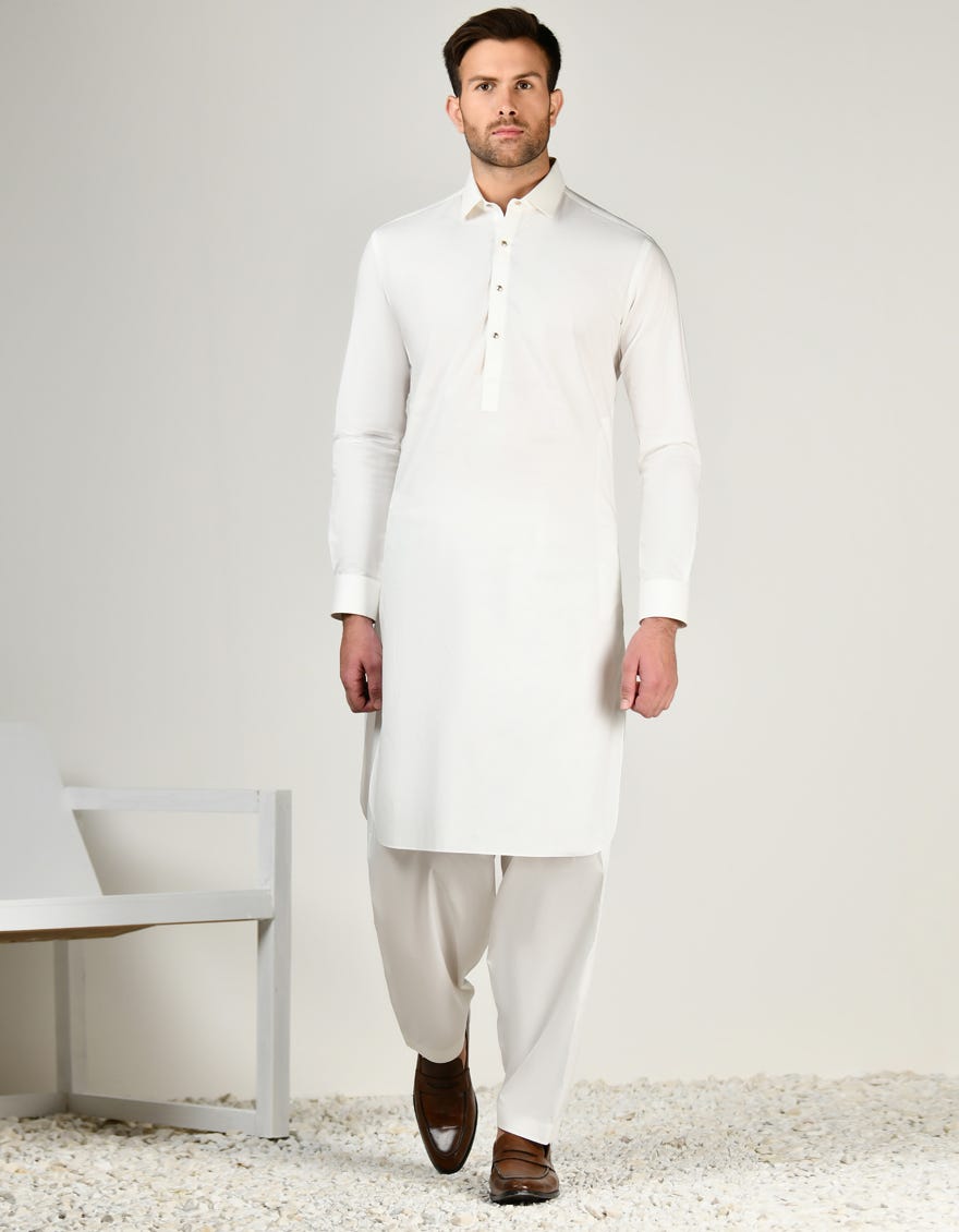 Off White Cotton Men's Kameez Shalwar | Jjks-S-47269