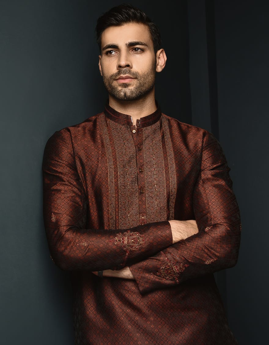 Rust Brown Jamawar Special Men's Kurta | Jjk-Sp-48009
