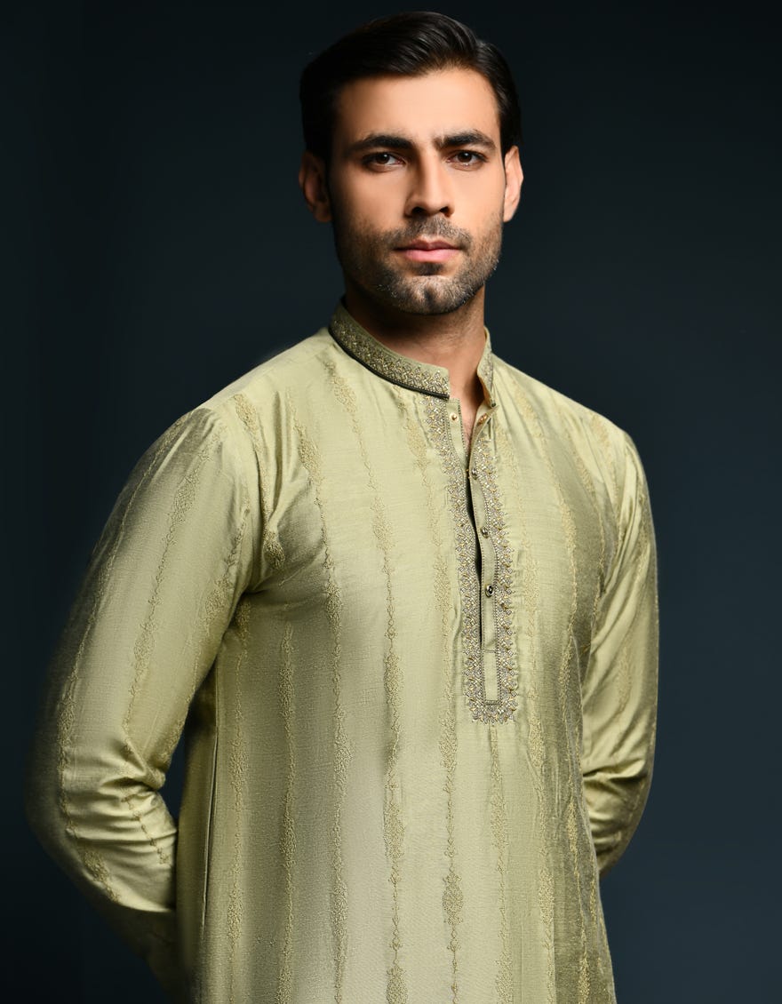 Green Raw Silk Special Men's Kurta | Jjk-Sp-A-48046