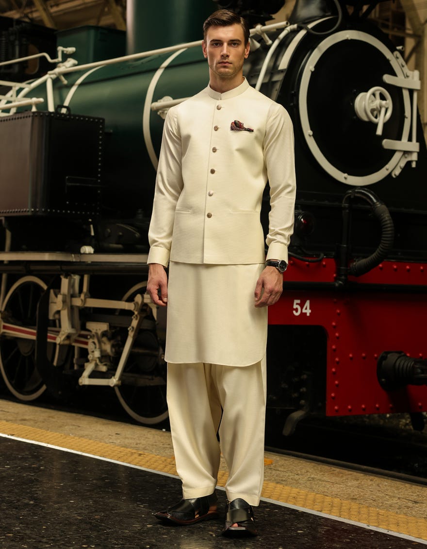 Cream Blended Kameez Shalwar + Waistcoat | Jjksvc-A-48083