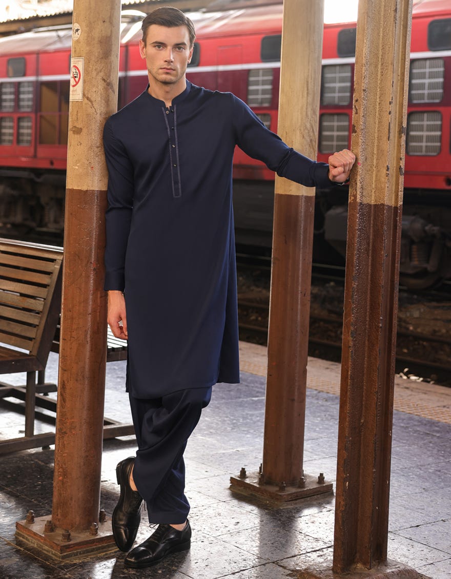 Navy Blue Blended Men's Kameez Shalwar | Jjks-S-90427