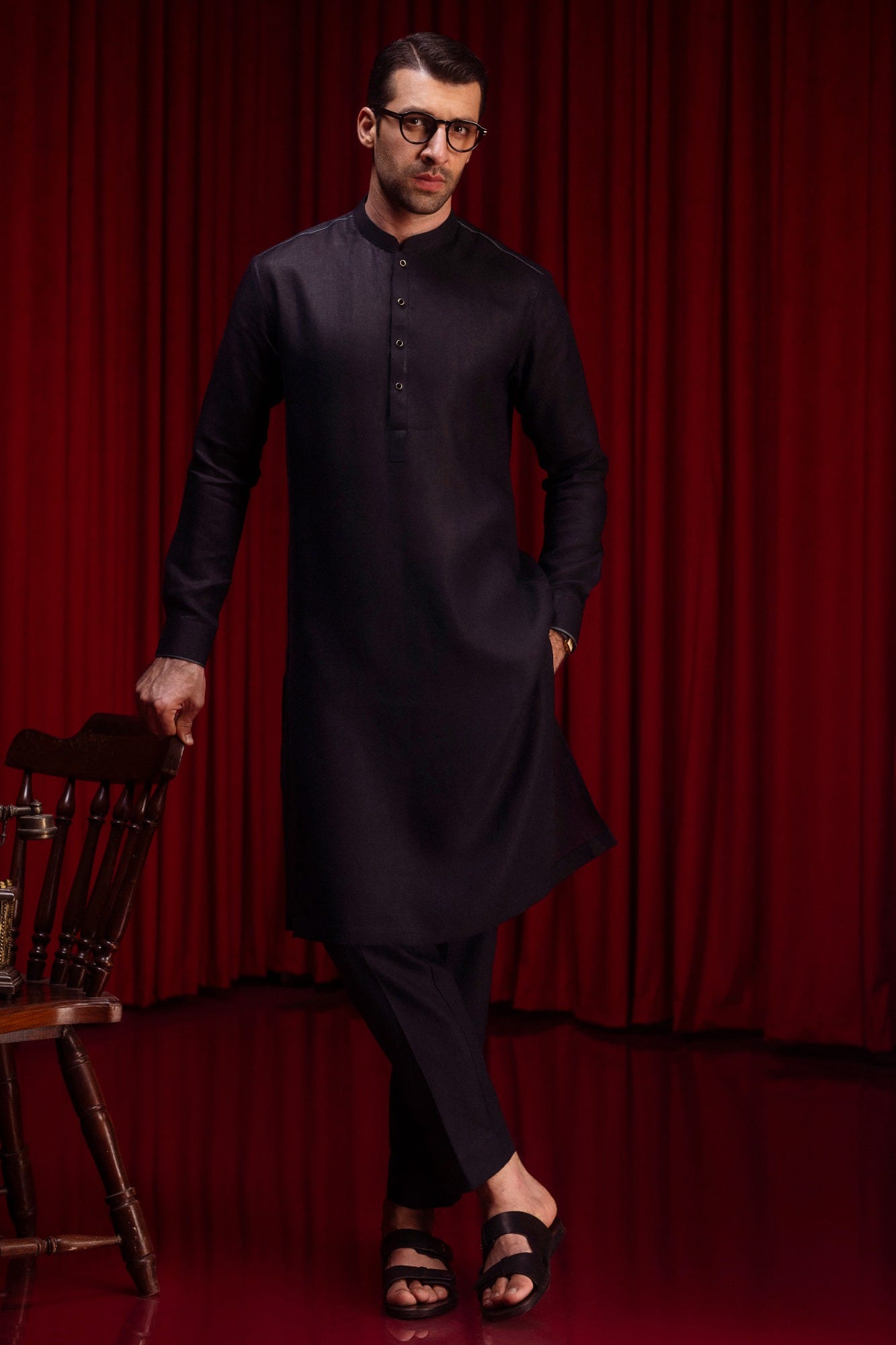 SORTLAND - BLACK LINEN KURTA TROUSER