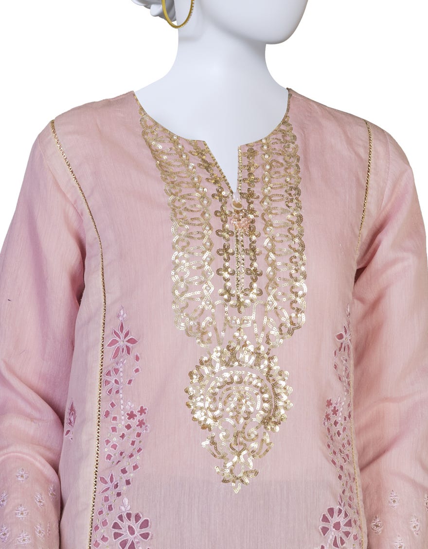 PINK PAPER COTTON EMBROIDERED KURTI