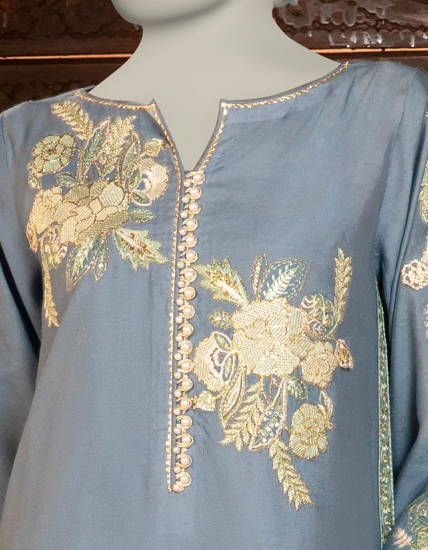 BLUE COTTON NET EMBROIDERED KURTI