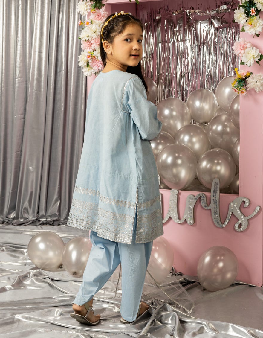 BLUE LAWN FOIL PRINTED 3PC STITCHED