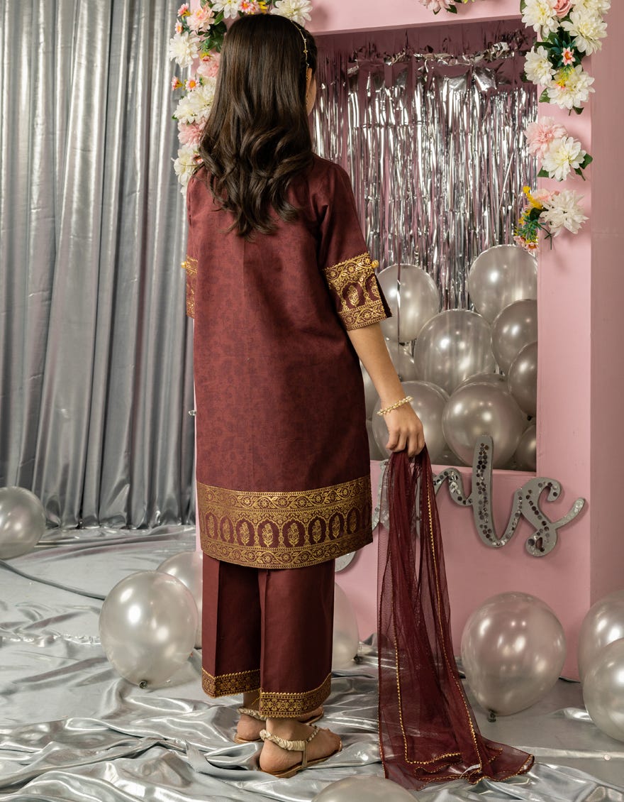 MAROON LAWN FOIL PRINTED 3PC STITCHED