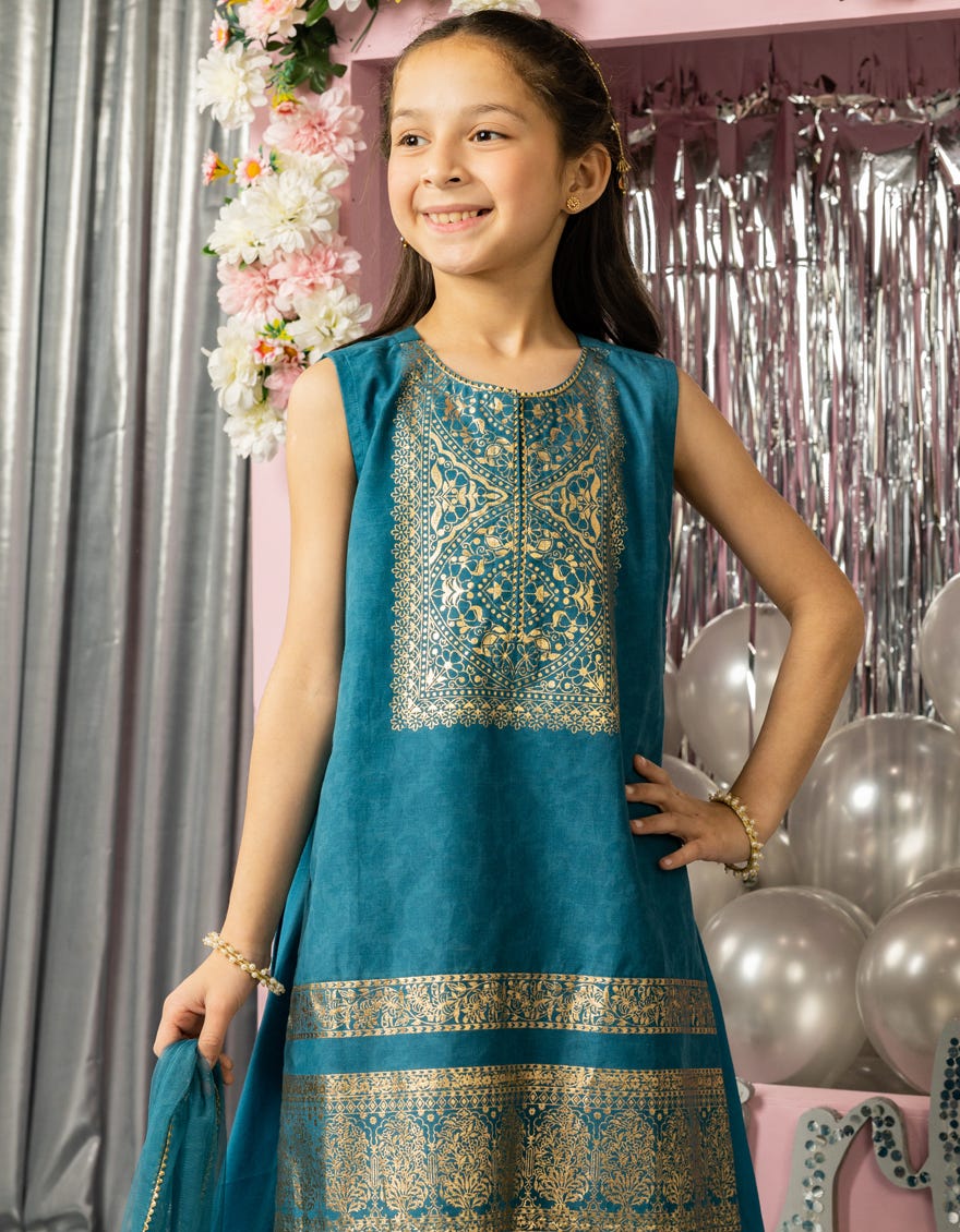 BLUE LAWN FOIL PRINTED 3PC STITCHED