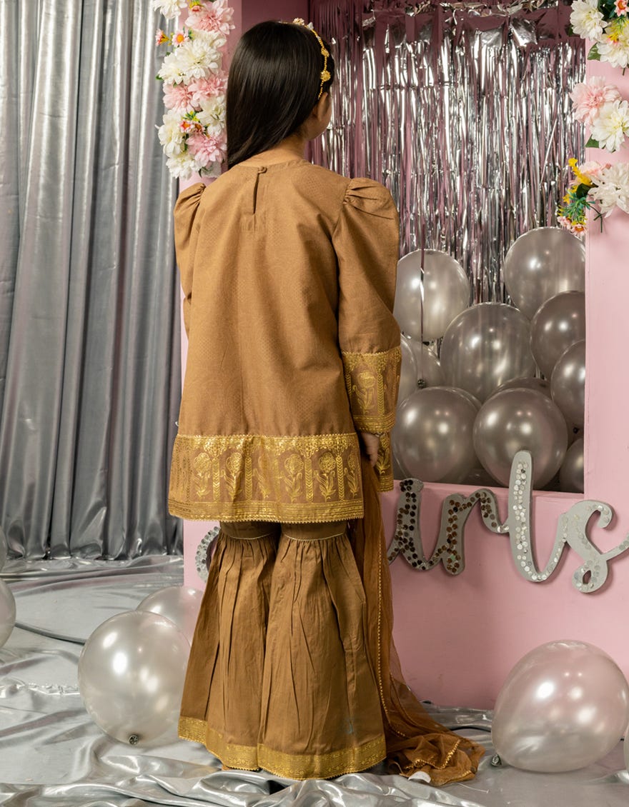 BROWN LAWN FOIL PRINTED 3PC STITCHED