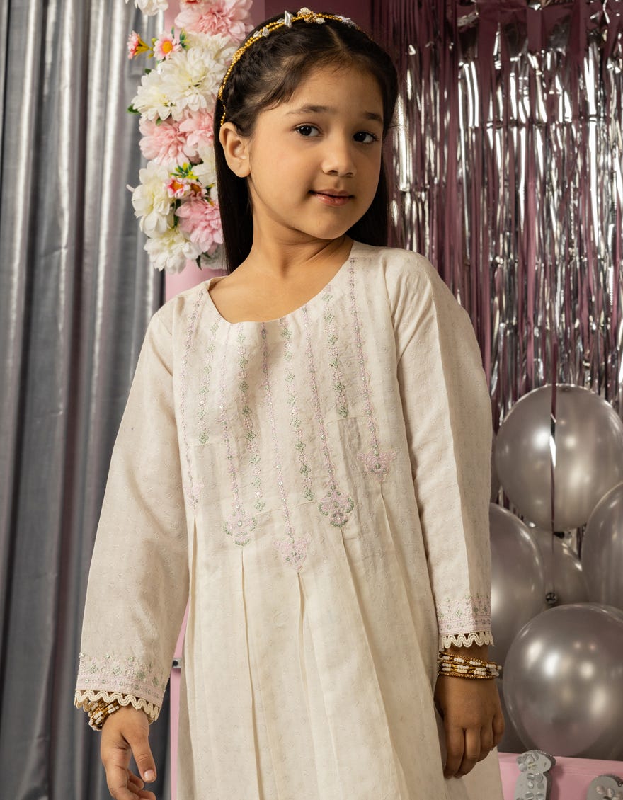 OFF WHITE DOBBY EMBROIDERED KURTI