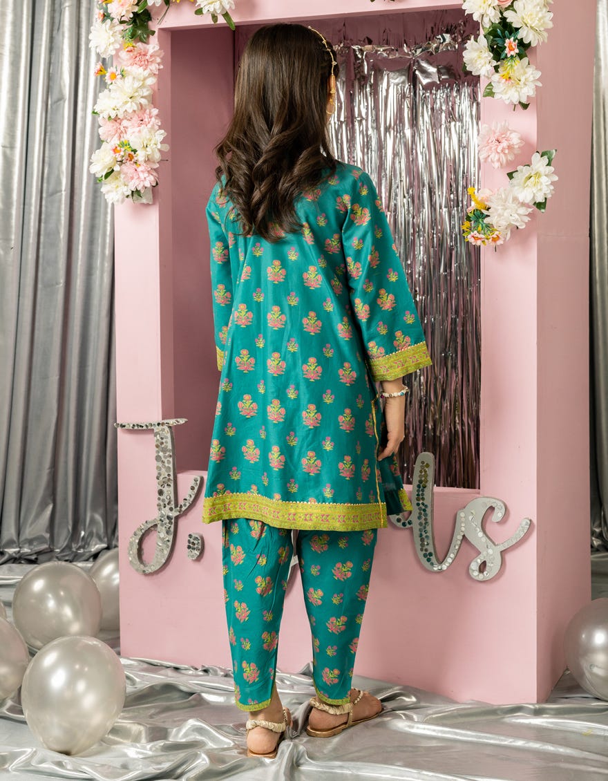 TEAL GREEN LAWN PRINTED 2PC STITCHED