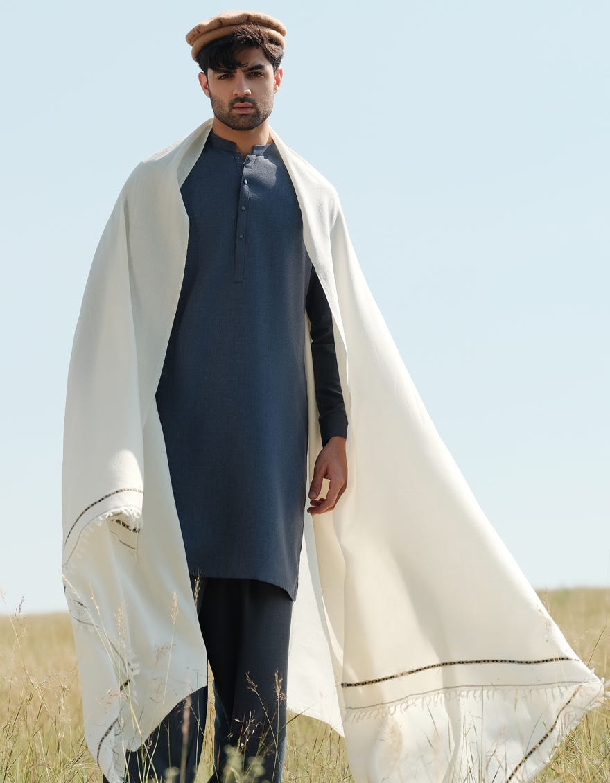 OFF WHITE WOOL MEN SHAWL | JJID-SHAWL-W-9735-A