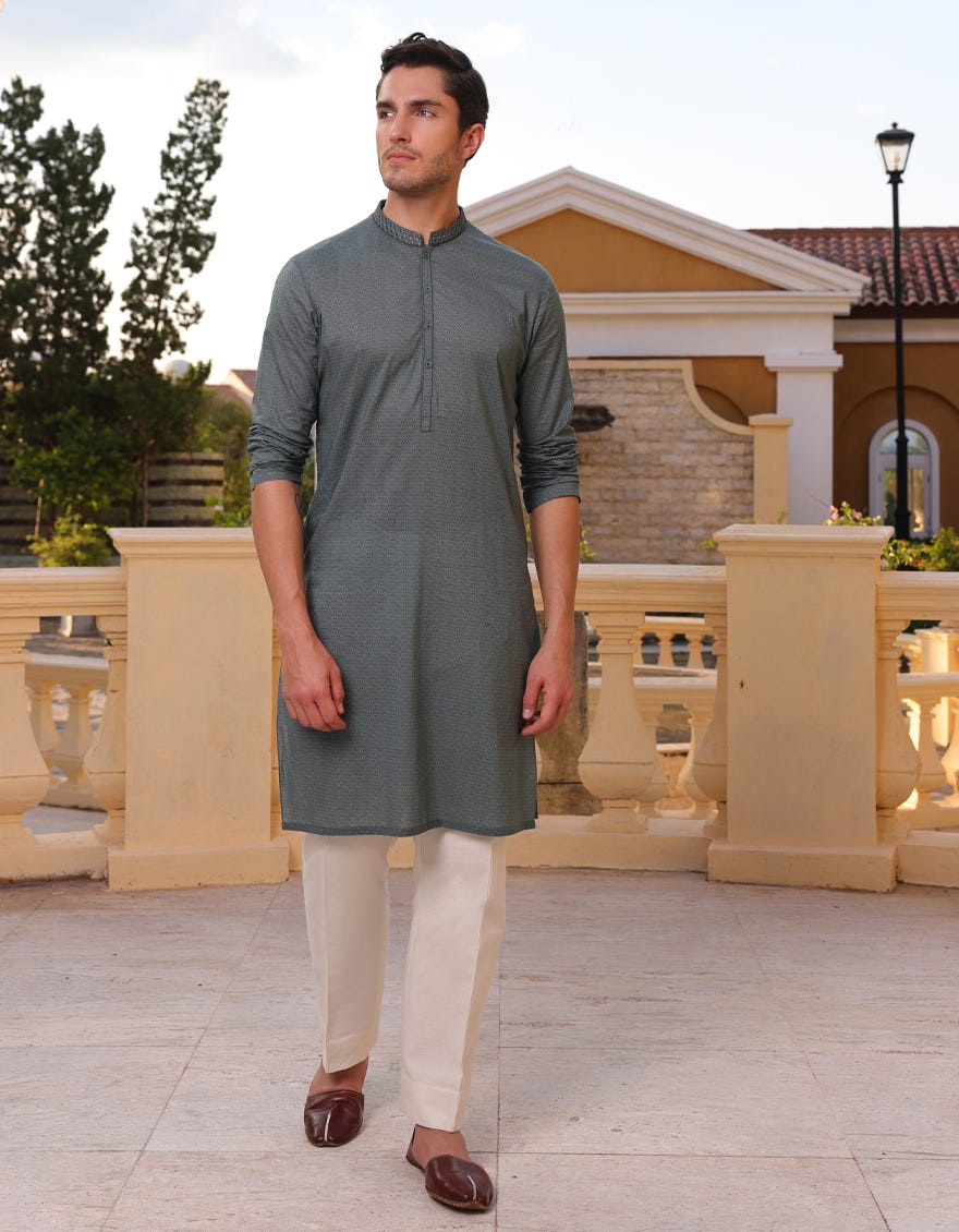 GREEN COTTON SEMI-FORMAL KURTA